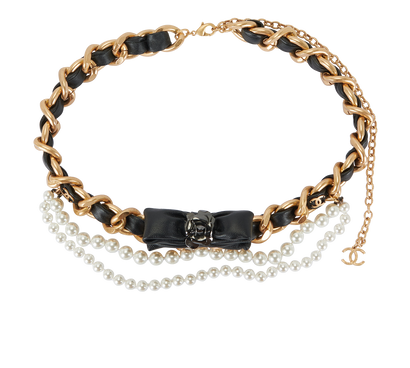 Chanel 20A Bow & Pearl Chain Belt, £650, Accessories, Black/Gold, Leather, Front view