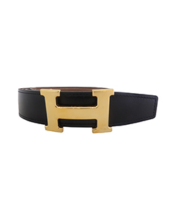 Hermes H Reversible Belt, BOX/Togo, Noir/Gold, 110cm D-2019, 3*