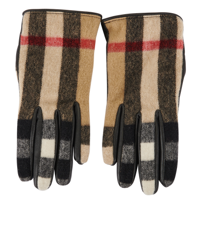 Burberry Check Gloves, £230, Accessories, Beige/Black, Leather/Wool, Front view