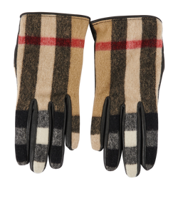 Burberry Check Gloves, Leather/Wool, Beige/Blk, MII, 3*