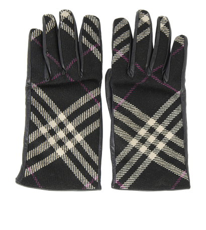 Burberry Plaid Pattern Gloves, &pound;60, Accessories, Black, Leather/Wool, Front view