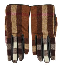 Burberry Check Gloves, Leather/Wool, Brown/Blk, MII, DB, 3*
