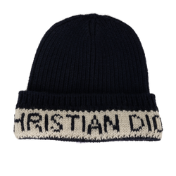Christian Dior D White Beanie, Wool/Cashmere, Navy, MII, 2*