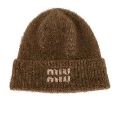 Miu Miu Logo Knit Beanie, &pound;210, Accessories, Brown, Mohair/Polyester (Polymer), Front view