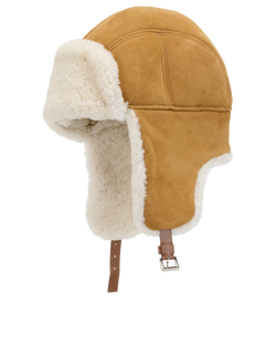 Prada Logo-Plaque Trapper Hat, Dyed Sheep, Tan, Sz M, 131, 3*