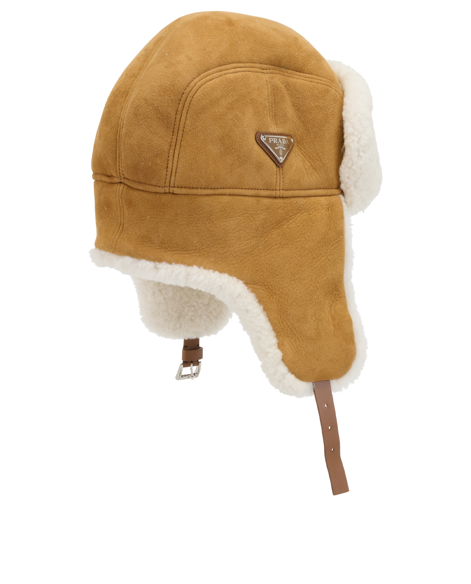 Prada Logo-Plaque Trapper Hat, &pound;450, Accessories, Tan, Lambskin Leather, Back view