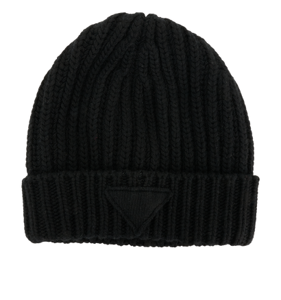 Prada Triangle Patch Beanie, &pound;220, Accessories, Black, Cashmere/Wool, Front view