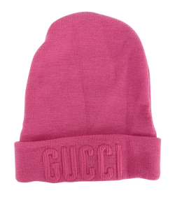 Gucci Logo Embroidered Knit Beanie, Wool, Pink, Sz M, 3*