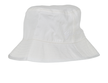 Gucci Logo Embroidered Bucket Hat, £155, Accessories, White, Cotton, Front view