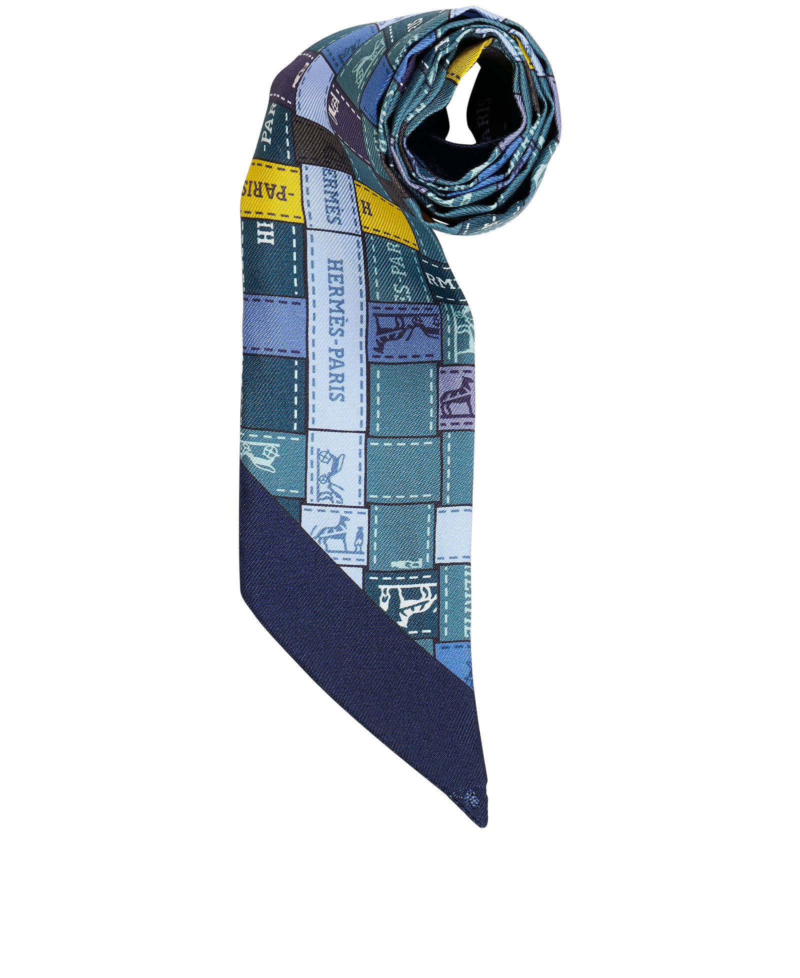 Hermes Ribbons Twilly Scarf, &pound;110, Accessories, Blue/Yellow, Silk, Other view