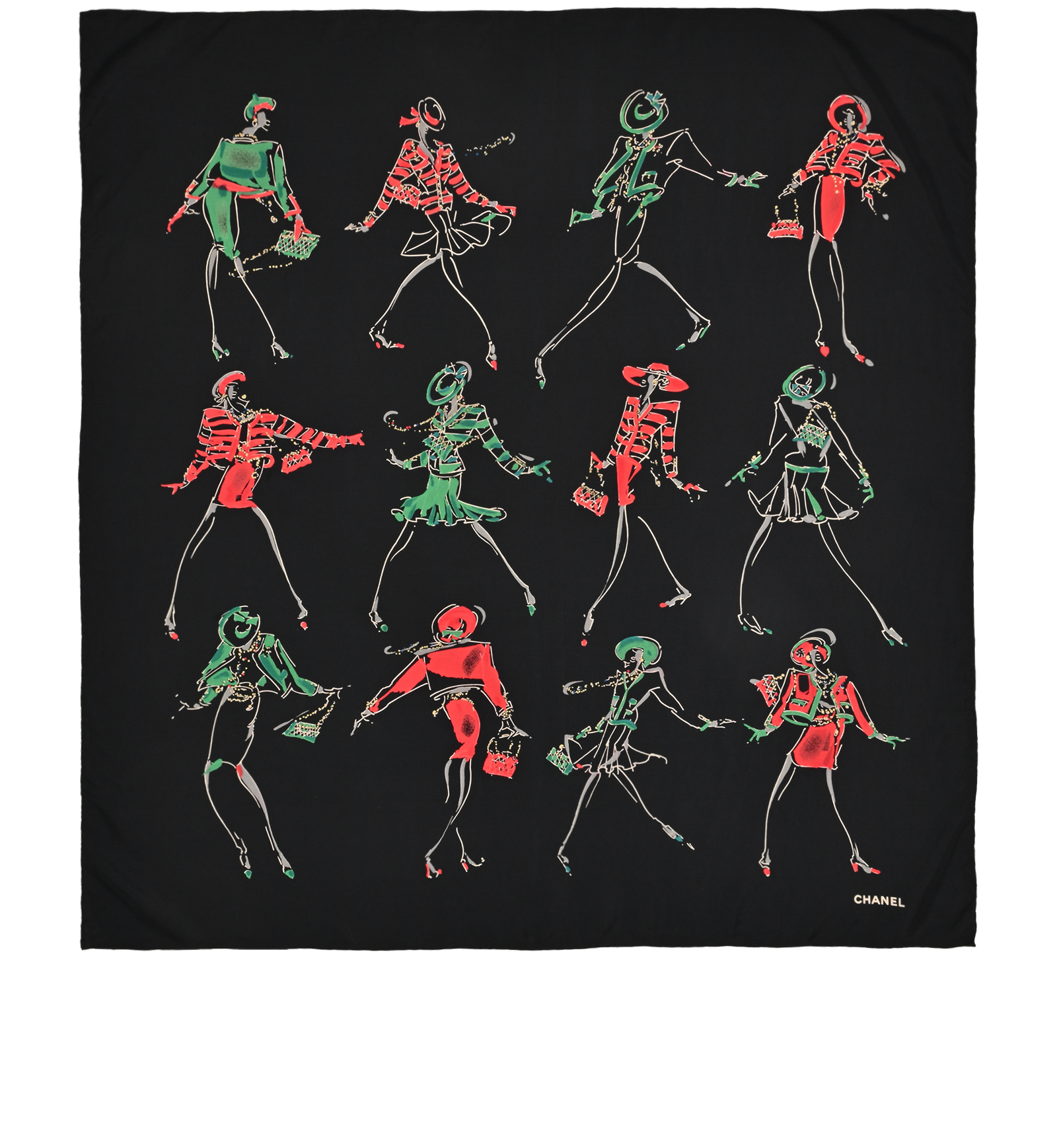 Chanel Coco Portraits Scarf, &pound;250, Accessories, Black/Green/Red, Silk, Back view