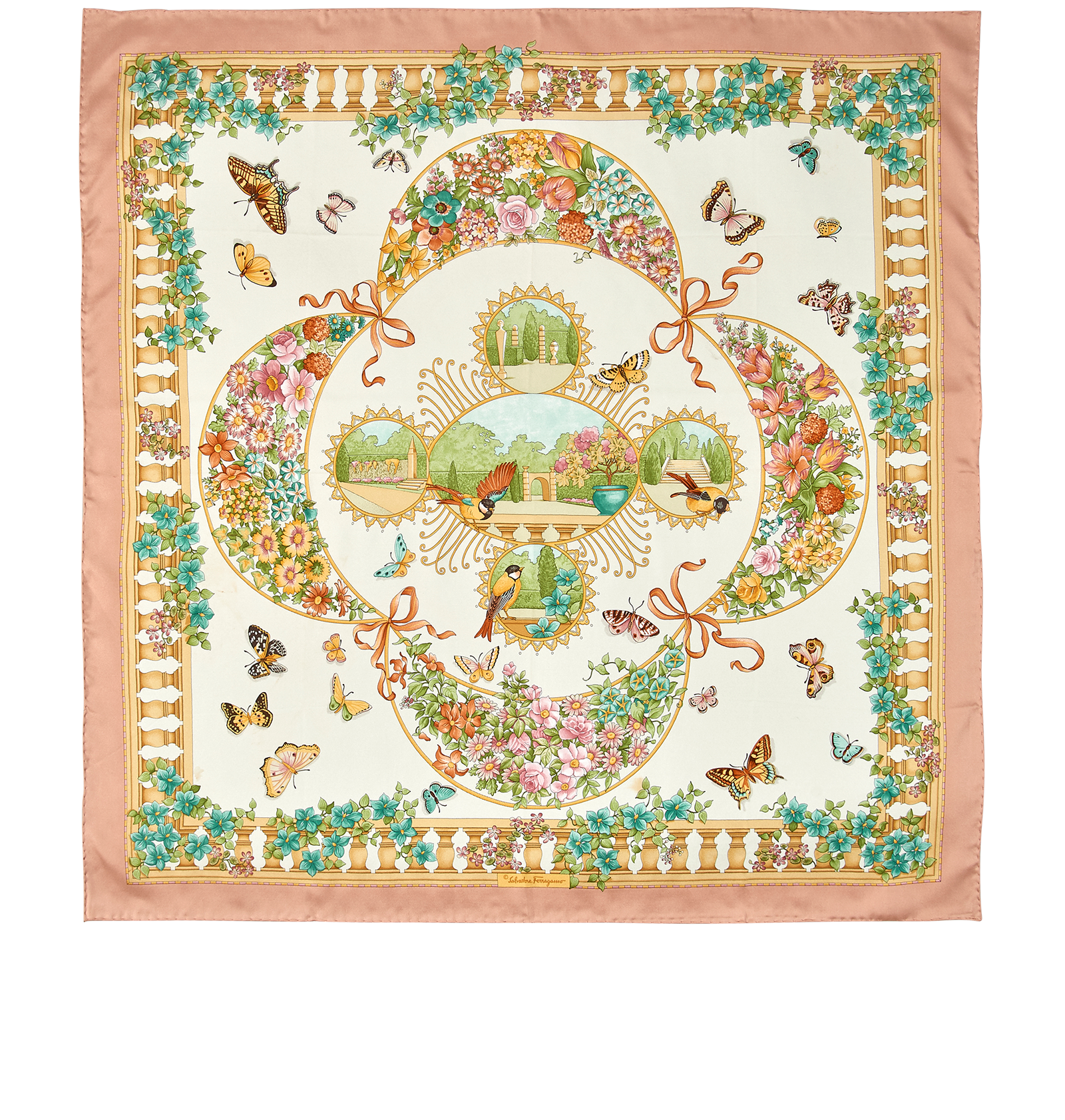 Salvatore Ferragamo Birds & Butterflies Scarf, &pound;110, Accessories, Pink/White, Silk, Back view