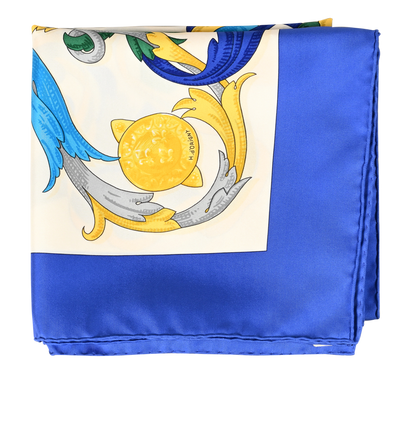 Hermes Le Mors A La Conetable Scarf 90, &pound;310, Accessories, Blue/Yellow, Silk, Front view