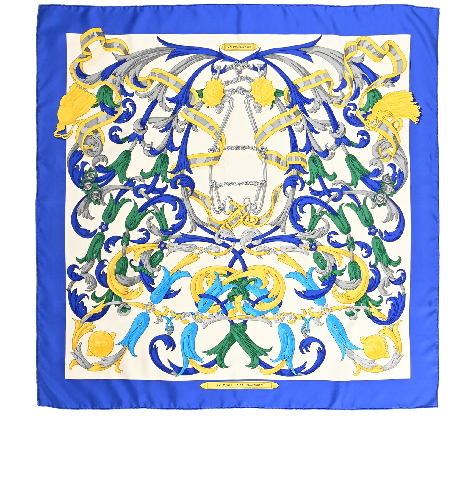 Hermes Le Mors A La Conetable Scarf 90, &pound;310, Accessories, Blue/Yellow, Silk, Back view