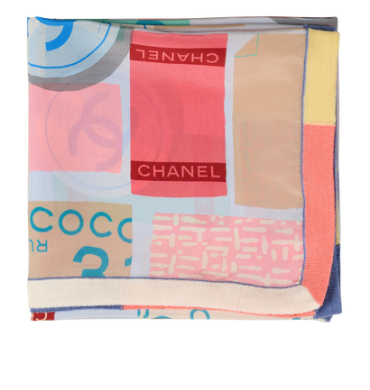 Chanel Logo Signature Print Scarf, &pound;295, Accessories, Blue/Pink/Yellow, Silk, Front view