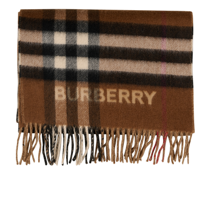 Burberry Contrast Check & Logo Scarf, &pound;250, Accessories, Beige/Brown, Cashmere, Front view