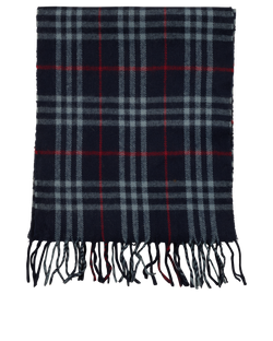 Burberry Plaid Fringed Scarf, Cashmere, Navy, 1*