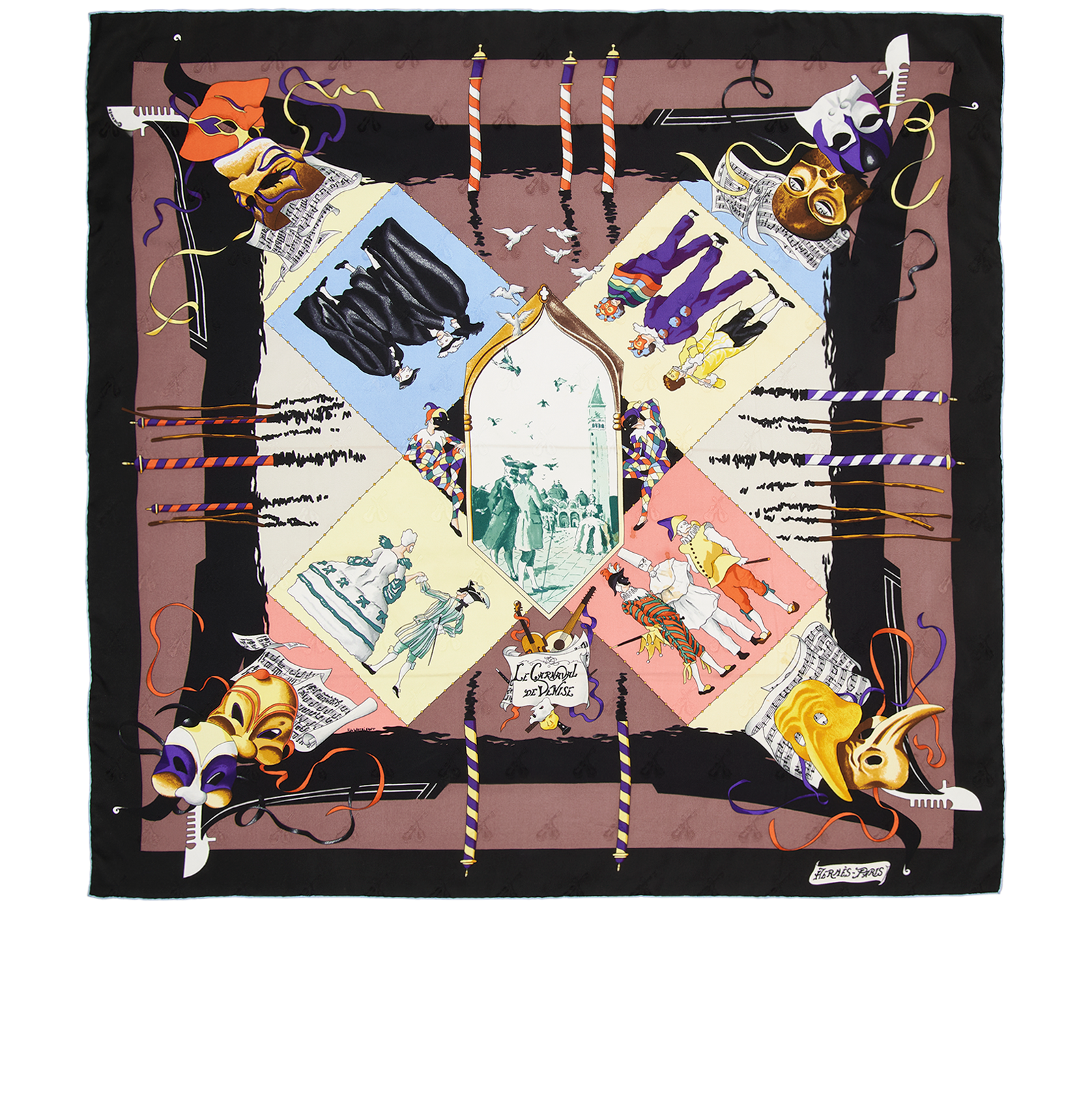 Hermes Le Carnaval De Venise Carre 90, &pound;180, Accessories, Black/Cream, Silk, Back view