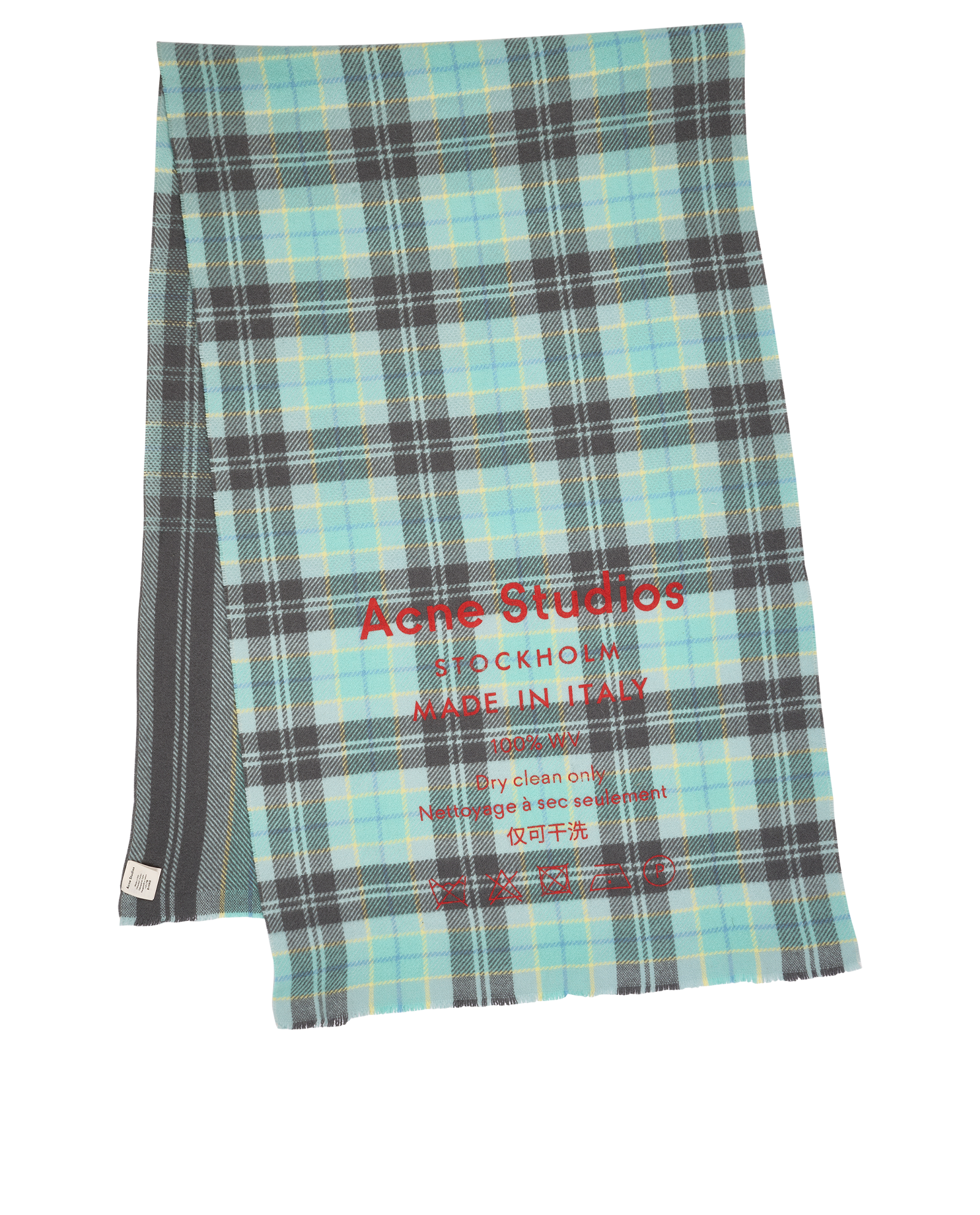 Acne Studios Plaid & Logo Printed Shawl, &pound;90, Accessories, Blue/Green/Grey, Wool, Back view