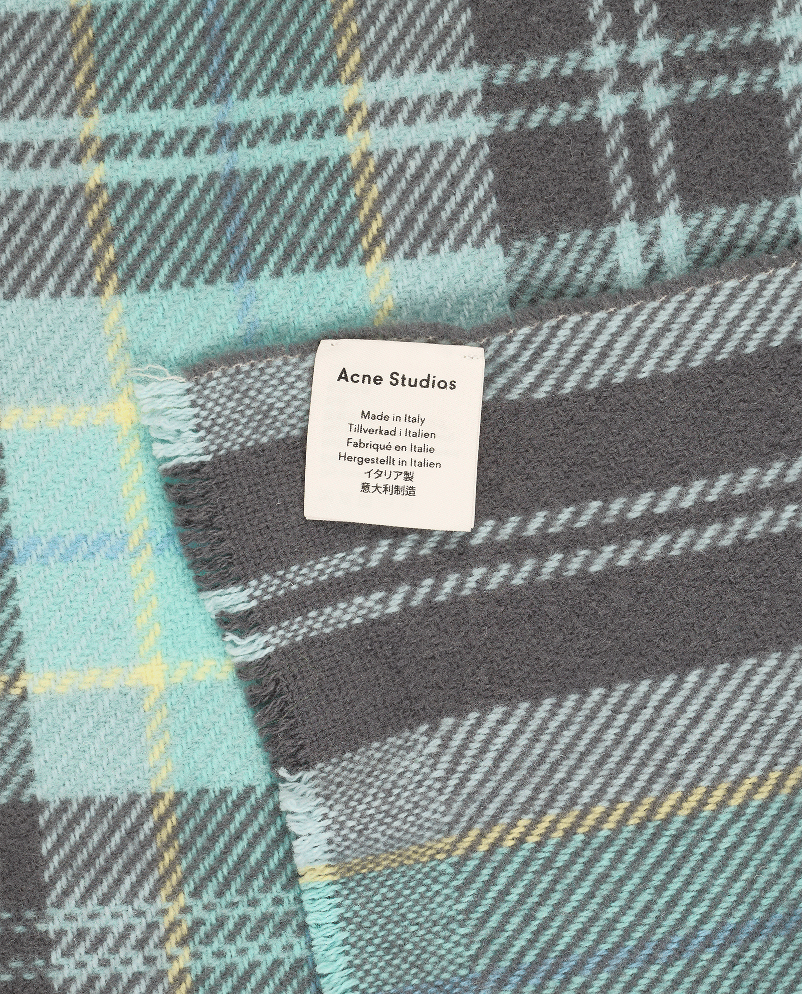 Acne Studios Plaid & Logo Printed Shawl, &pound;90, Accessories, Blue/Green/Grey, Wool, Other view