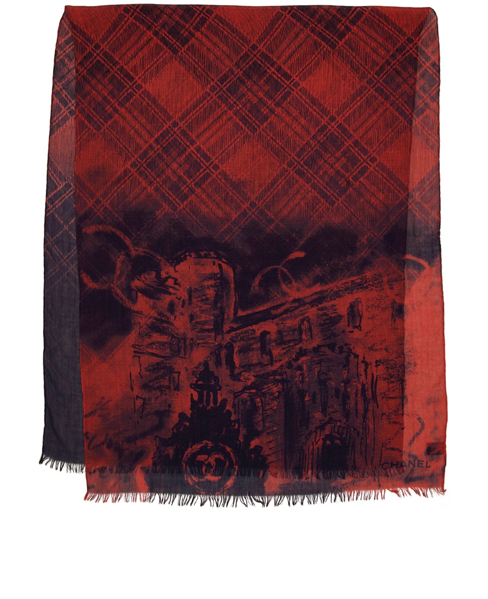 Chanel Tartan Print Scarf, &pound;350, Accessories, Navy/Red, Cashmere, Back view