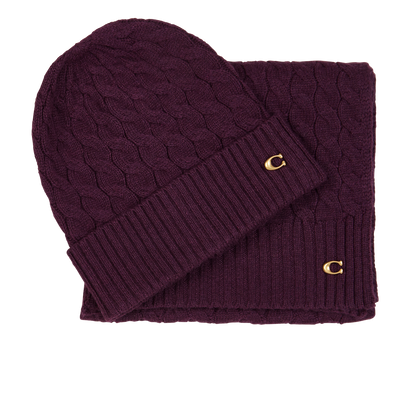 Coach Cable Knit Beanie & Scarf Set, &pound;60, Accessories, Purple, Polyester, Front view