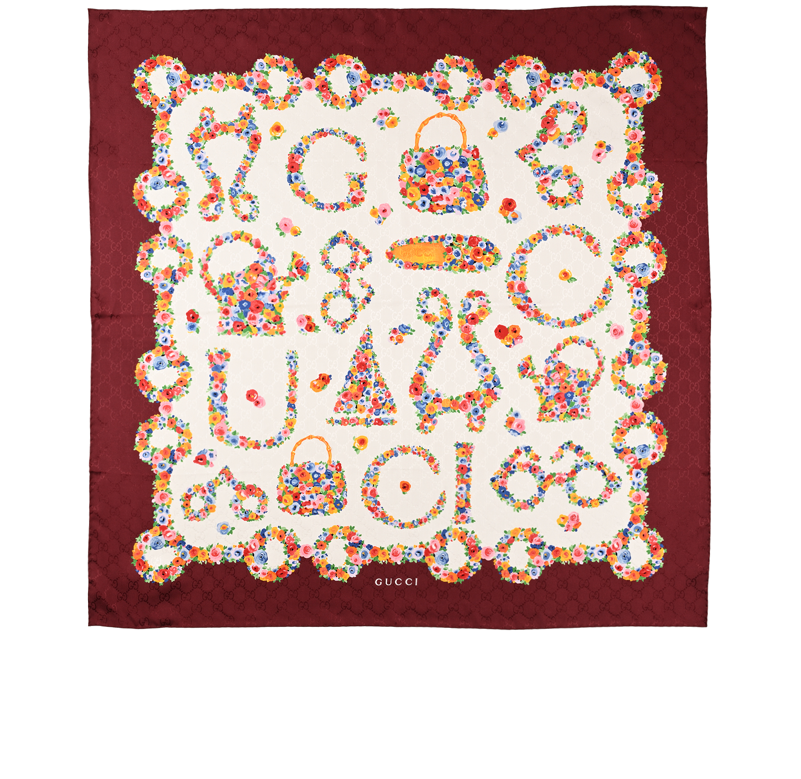Gucci GG Floral Scarf, &pound;220, Accessories, Burgundy, Silk, Back view