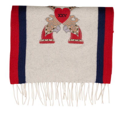 Gucci Hollywood Forever Graphic Scarf, &pound;230, Accessories, Blue/Grey/Red, Cashmere/Silk, Front view