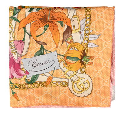 Gucci GG Lilies Scarf, &pound;220, Accessories, Green/Orange/Pink/Yellow, Silk, Front view