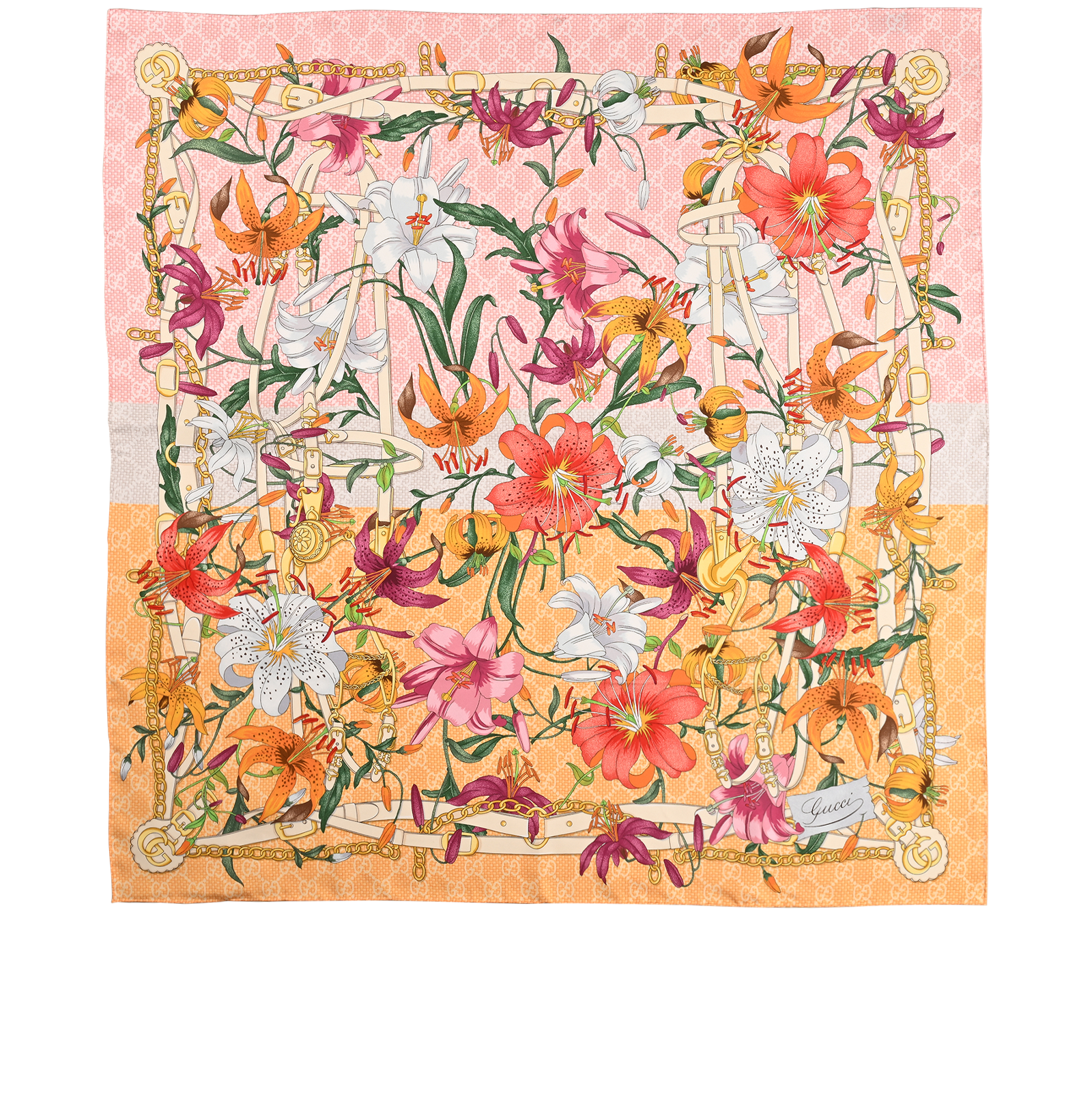 Gucci GG Lilies Scarf, &pound;220, Accessories, Green/Orange/Pink/Yellow, Silk, Back view