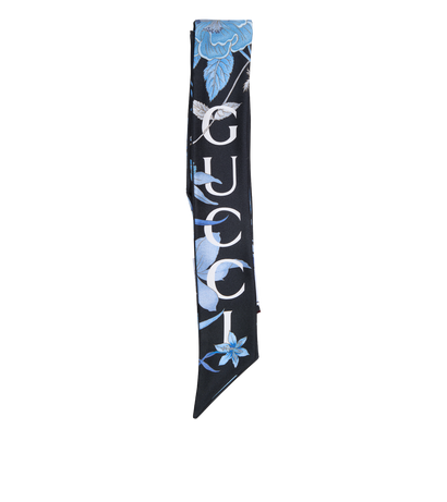 Gucci Floral Print Neck Bow, &pound;120, Accessories, Black/Blue, Silk, Front view