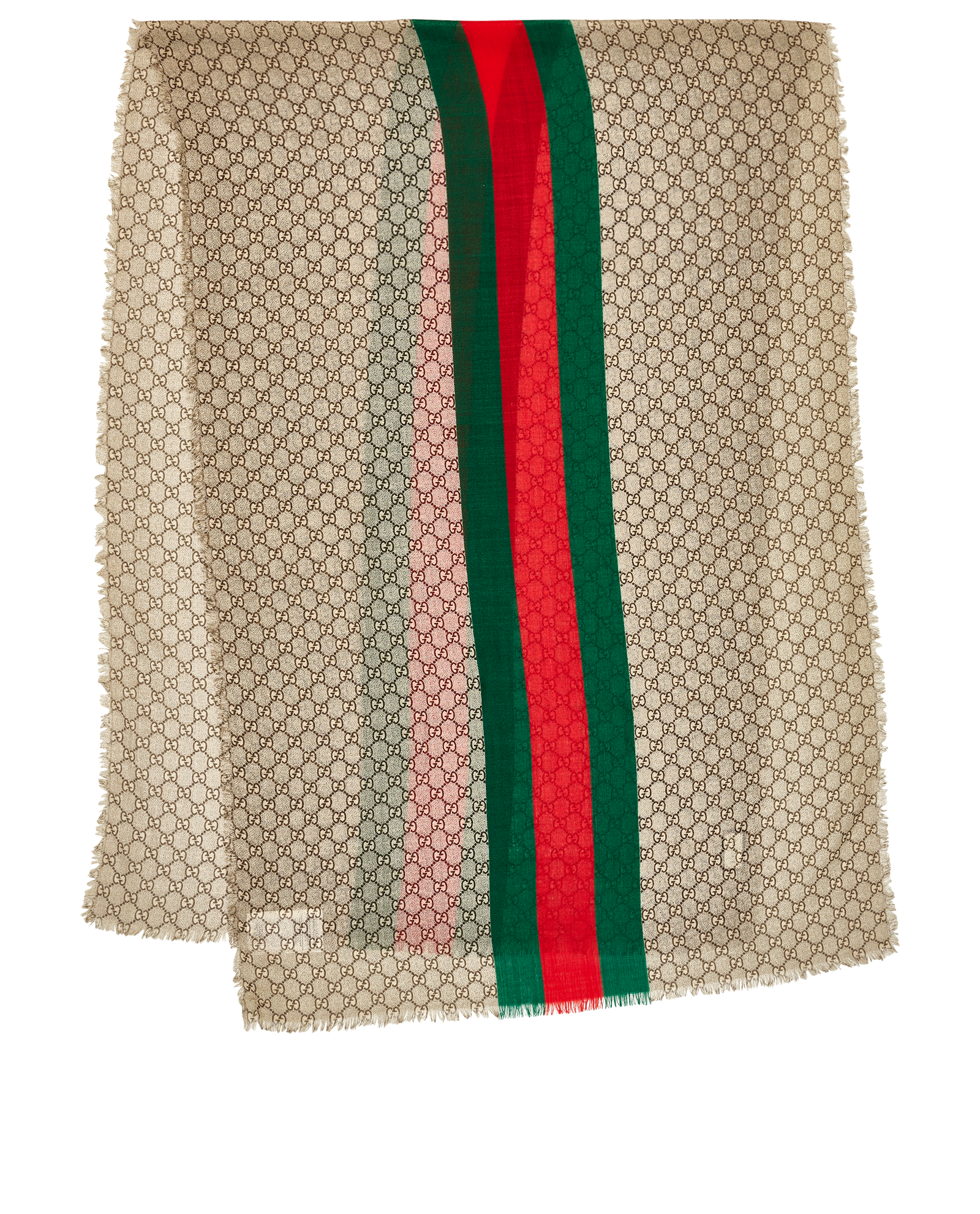 Gucci GG Monogram Web Scarf, &pound;170, Accessories, Green/Red/Taupe, Wool, Back view