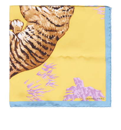 Hermes Les Tigreaux Pocket Square, &pound;110, Accessories, Blue/Brown/Yellow, Silk, Front view