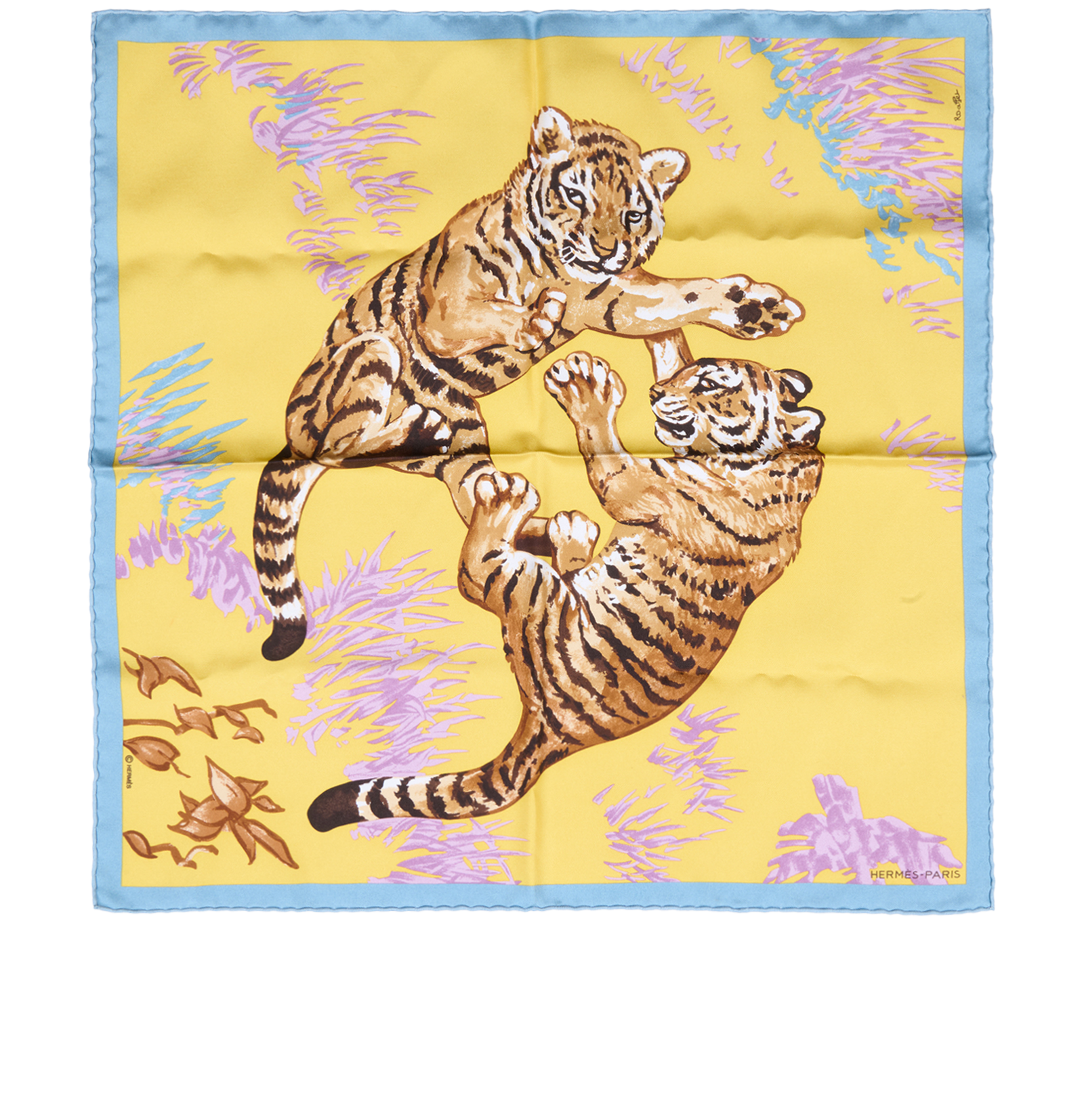 Hermes Les Tigreaux Pocket Square, &pound;110, Accessories, Blue/Brown/Yellow, Silk, Back view