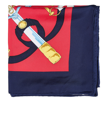 Hermes Eperon D'Or Scarf, £310, Accessories, Blue/Gold/Red, Silk, Front view