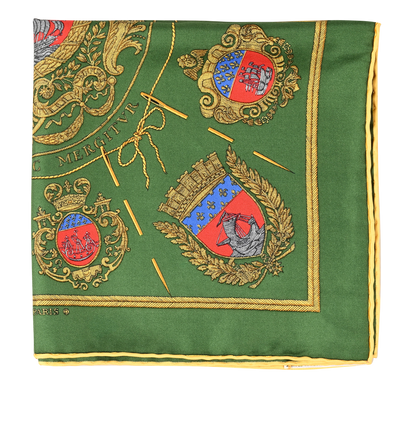 Hermes Les Armes De Paris Pocket Square 45, &pound;110, Accessories, Green/Red, Silk, Front view