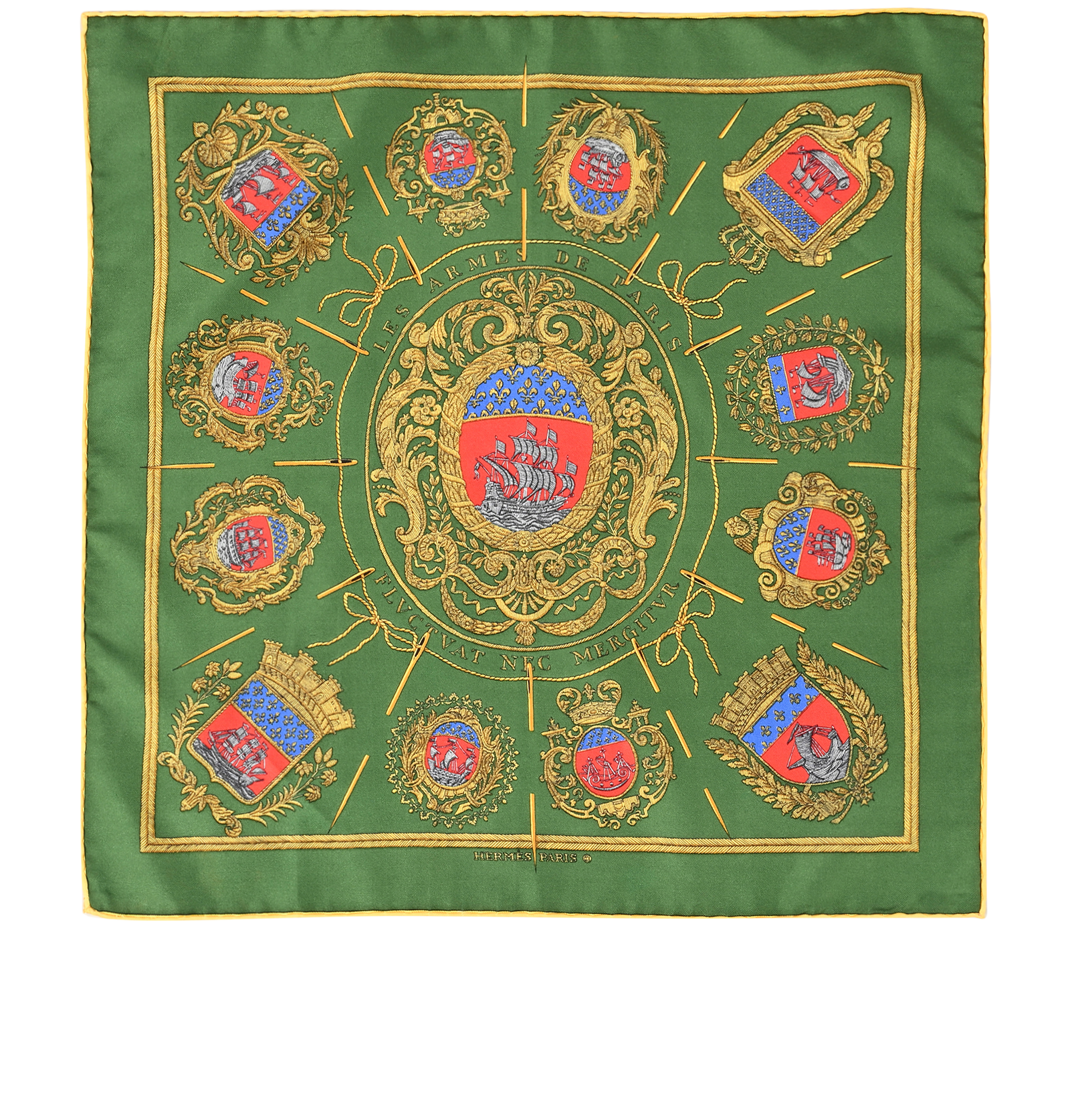 Hermes Les Armes De Paris Pocket Square 45, &pound;110, Accessories, Green/Red, Silk, Back view