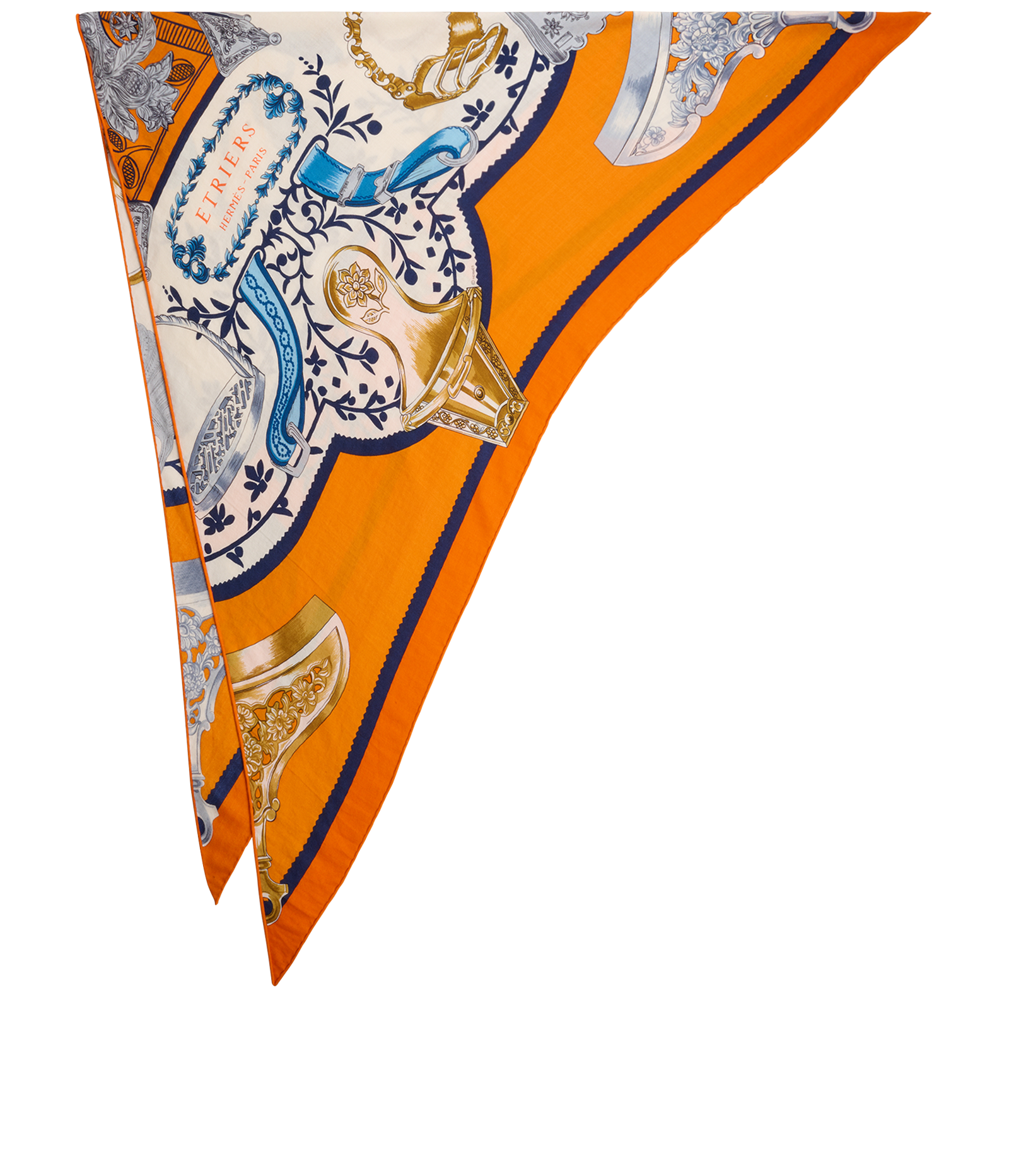 Hermes Etriers Remix Triangle Scarf, &pound;275, Accessories, Blue/Cream/Orange, Cashmere, Back view