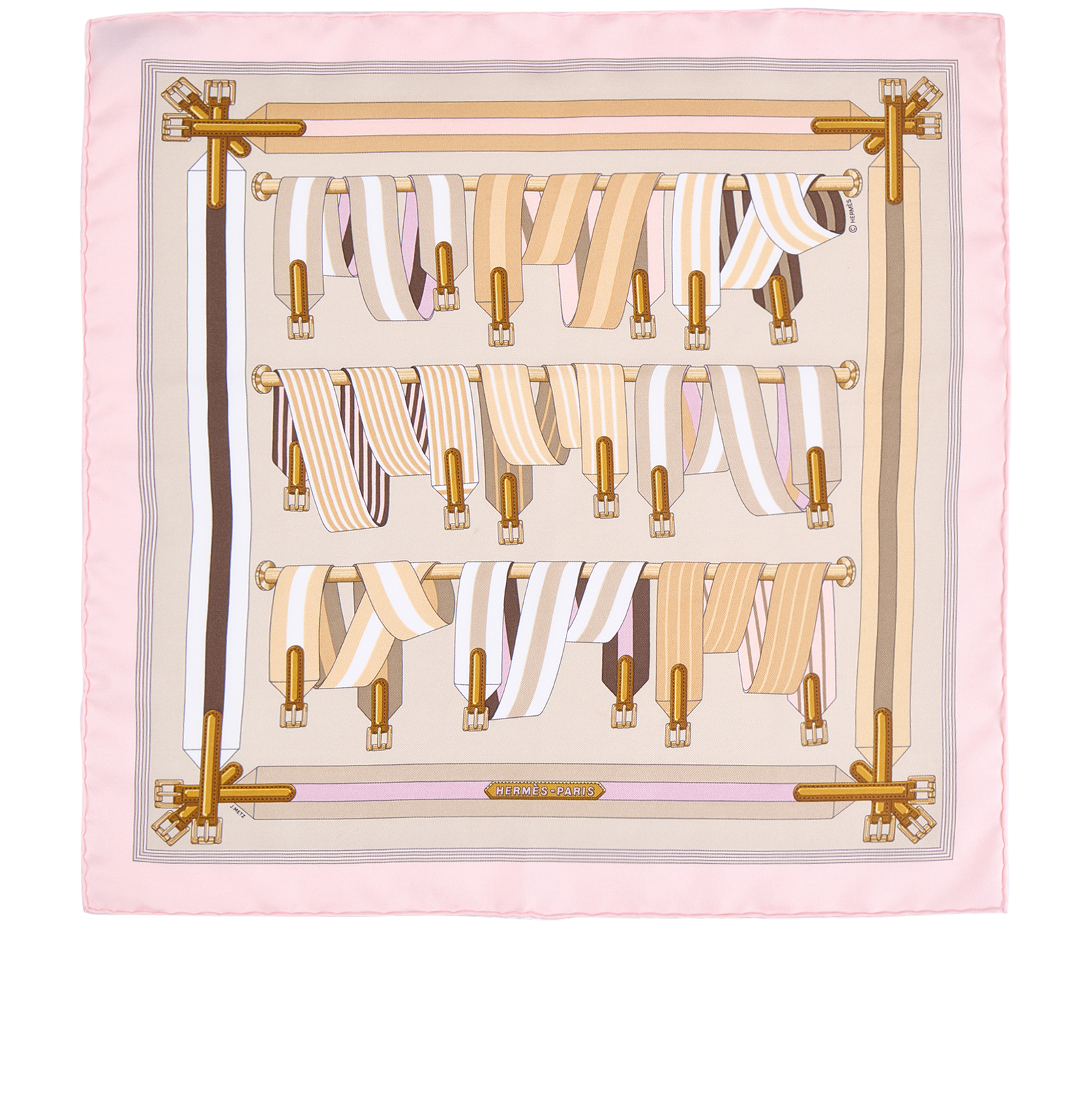 Hermes Les Sangles Pocket Square, &pound;110, Accessories, Beige/Pink, Silk, Back view
