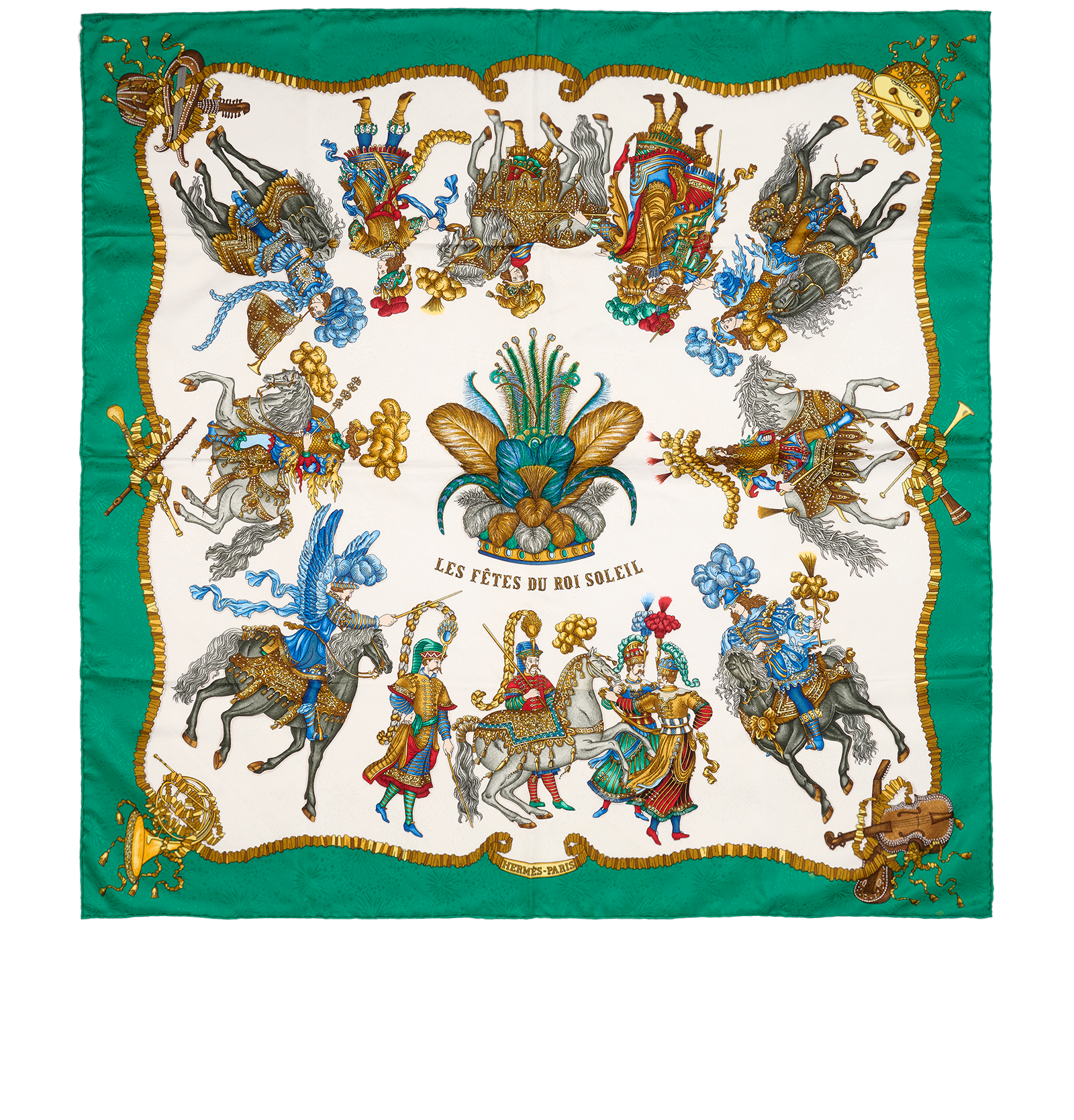 Hermes Les Fetes Du Roi Soleil Scarf 90, &pound;250, Accessories, Green/White, Silk, Back view
