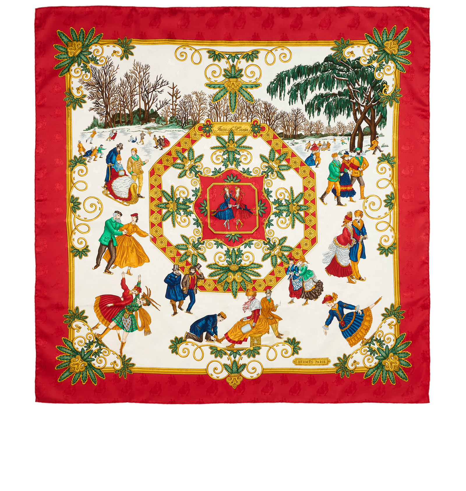 Hermes Joies D'Hiver Scarf 90, &pound;320, Accessories, Gold/Red/White, Silk, Back view