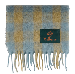Mulberry Check Fringed Scarf, Alpaca/Mohair, Beige/Light Blue, B, 3*