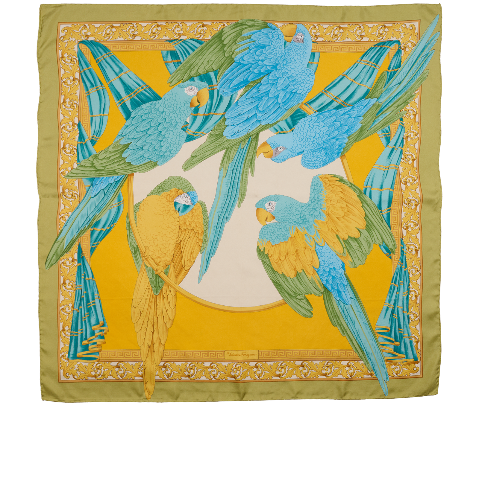Salvatore Ferragamo Parrot Scarf, &pound;140, Accessories, Blue/Green/Yellow, Silk, Back view