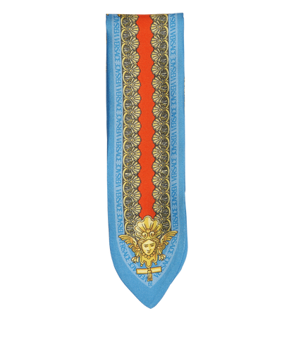 Versace Printed Bandeau Scarf, &pound;90, Accessories, Blue/Gold, Silk, Front view