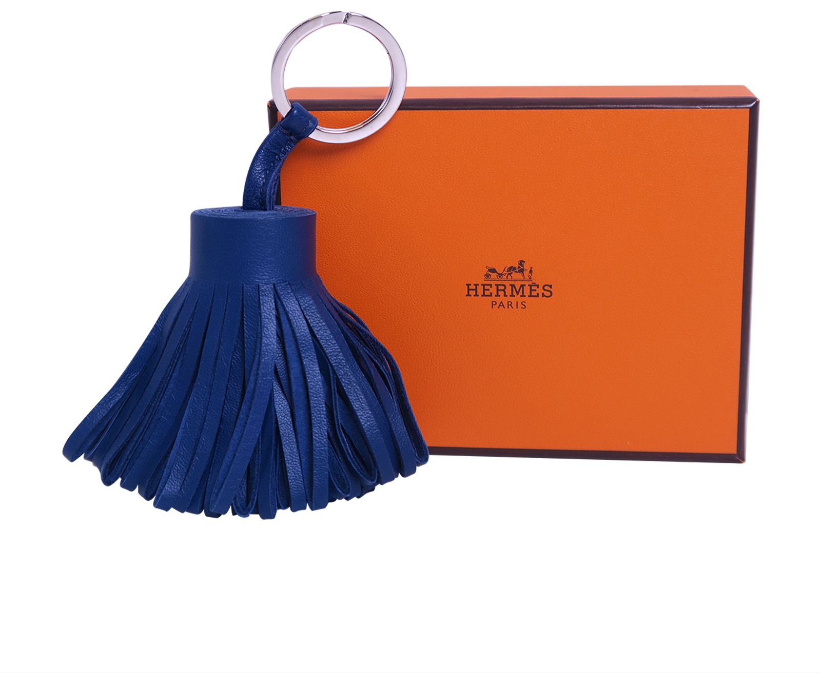 Hermes Orange Shopping Sac Bag Charm Key Chain Pom Pom Carmen