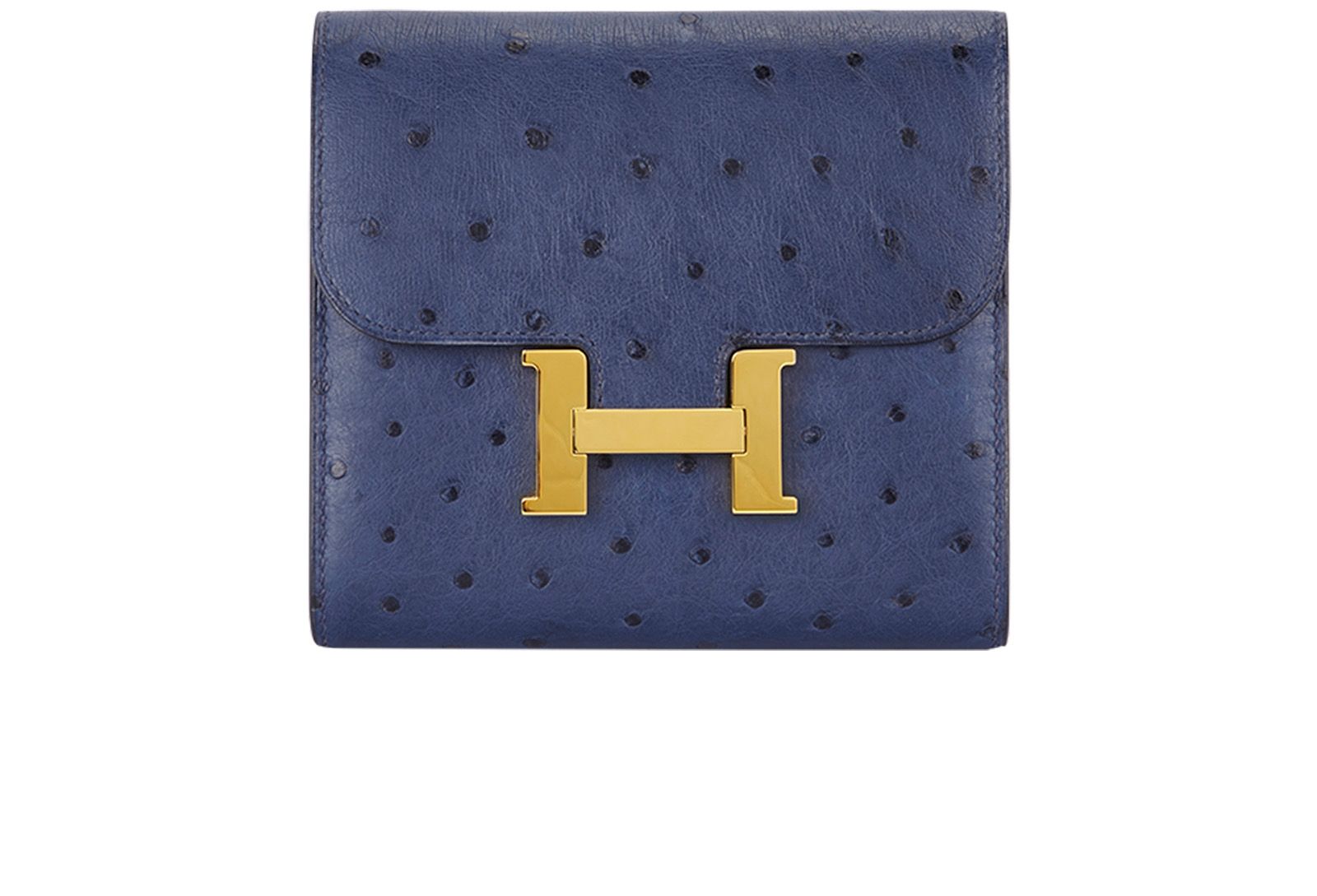 A BLUE ROI OSTRICH CONSTANCE SMALL WALLET WITH GOLD HARDWARE