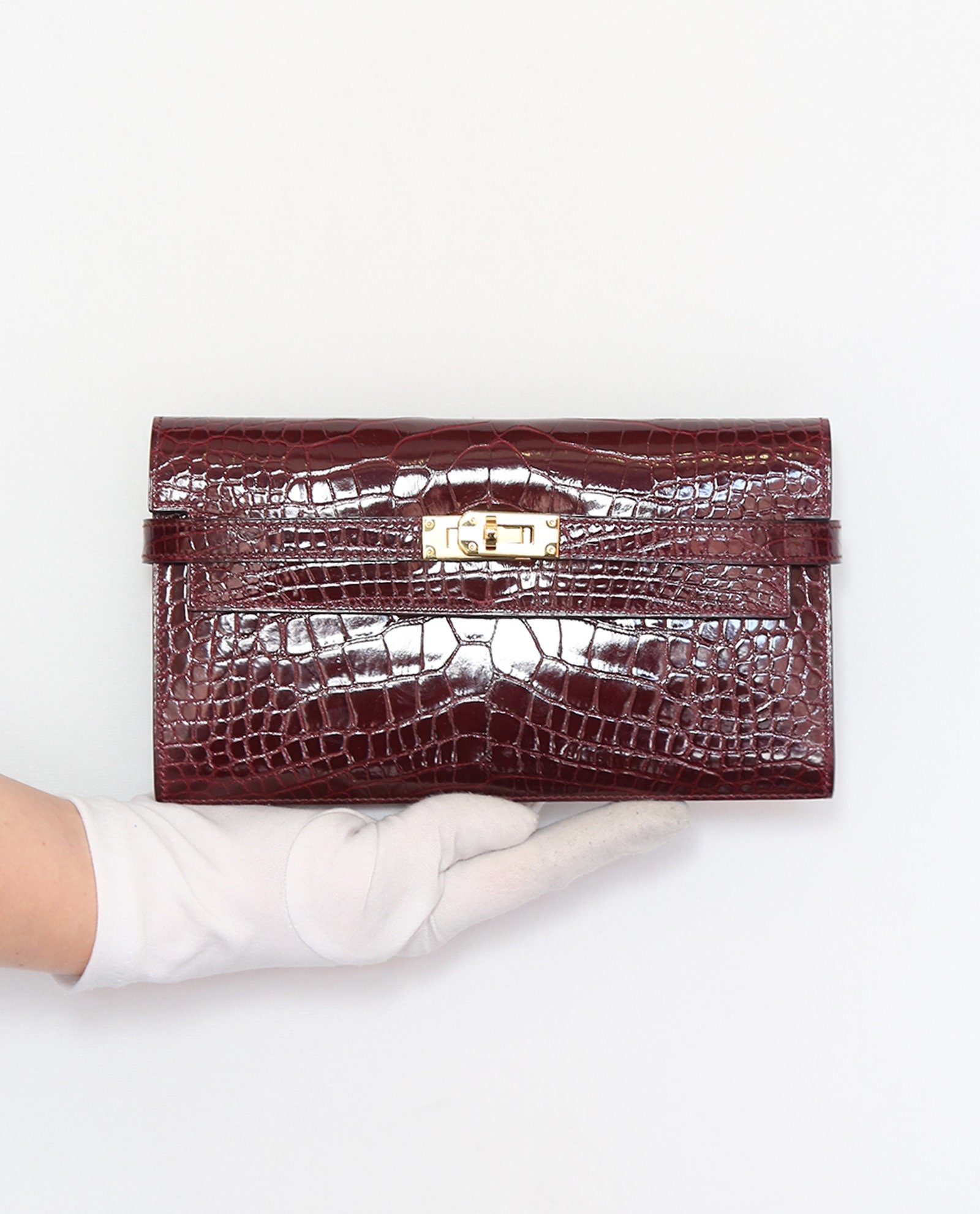 Hermes Kelly Wallet (Long Wallet) Shiny Alligator Skin in Bordeaux