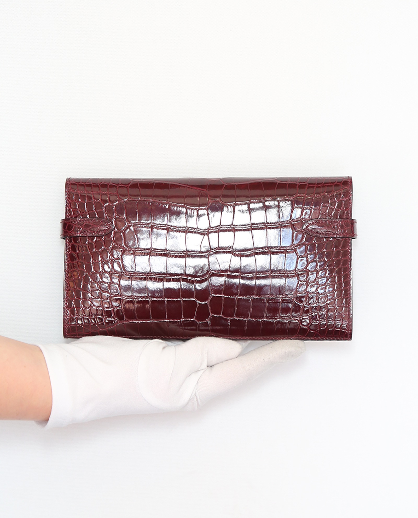 Hermes Kelly Wallet (Long Wallet) Shiny Alligator Skin in Bordeaux