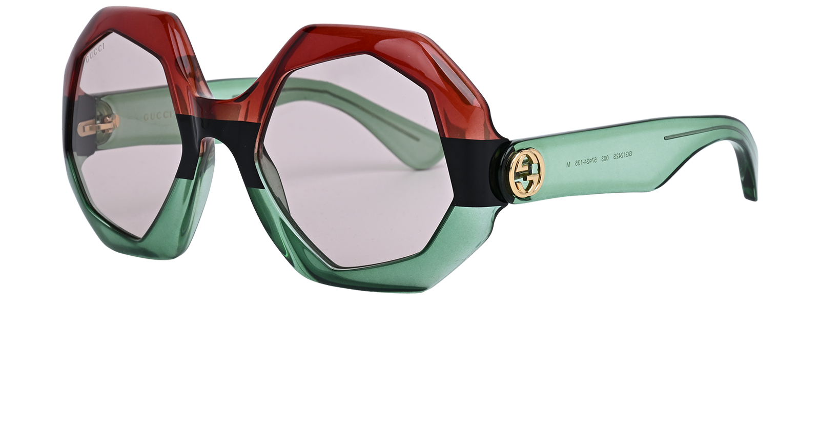 Gucci GG1242S Heptagon Sunglasses, &pound;140, Accessories, Black/Green/Red, Bottom view