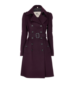 Burberry Double Breasted Long Coat, Wool, Purple, UK12, 3*